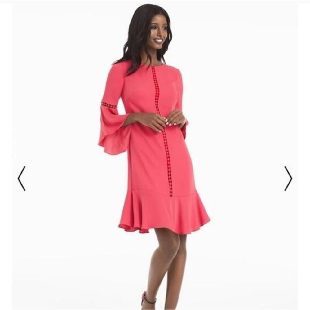 White House Black Market WHBM coral pink bell sleeve dress size 8
